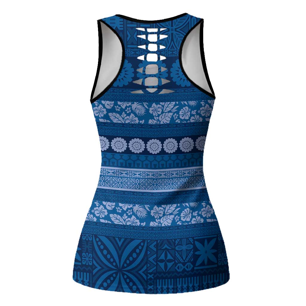 Fiji Marau na Kerisimasi Hollow Tank Top Blue Tapa Masi Inspired Christmas - Polynesian Pride