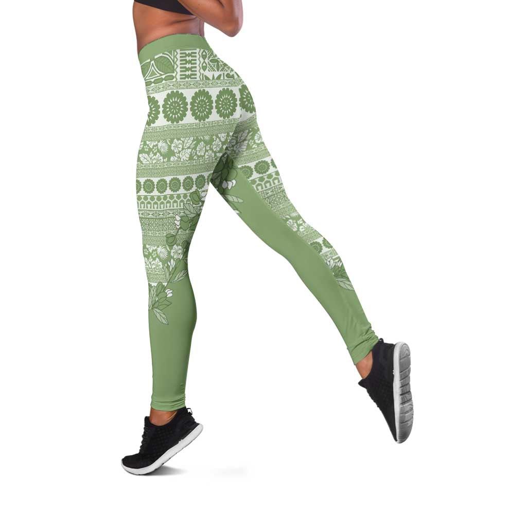 Fiji Marau na Kerisimasi Leggings Sage Green Tagimoucia Tapa Masi Tribal - Polynesian Pride