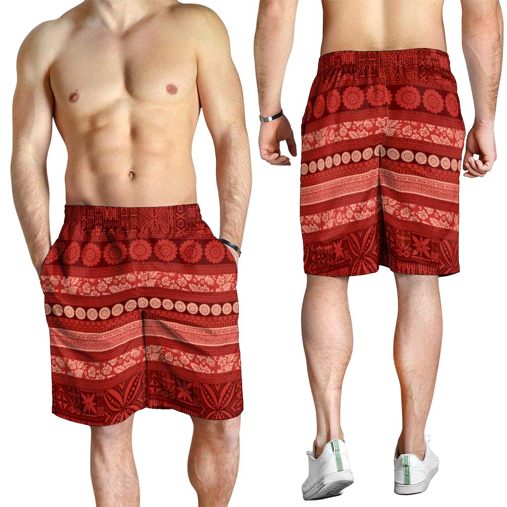 Fiji Marau na Kerisimasi Shorts for Men Red Tapa Masi Inspired Christmas - Polynesian Pride