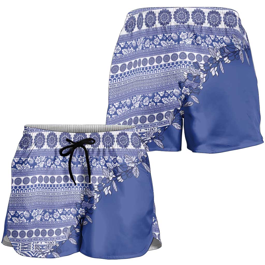Fiji Marau na Kerisimasi Shorts for Women Blue Tagimoucia Tapa Masi Tribal - Polynesian Pride