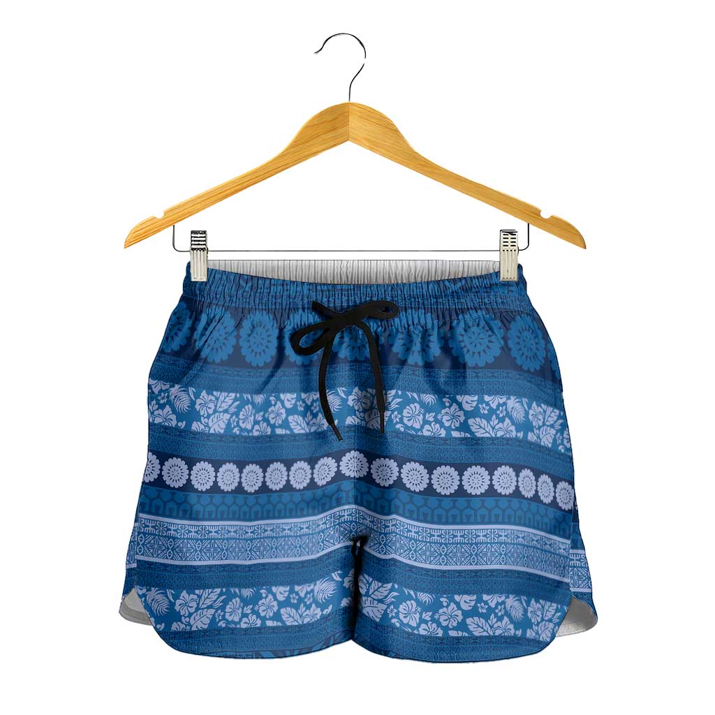 Fiji Marau na Kerisimasi Shorts for Women Blue Tapa Masi Inspired Christmas - Polynesian Pride