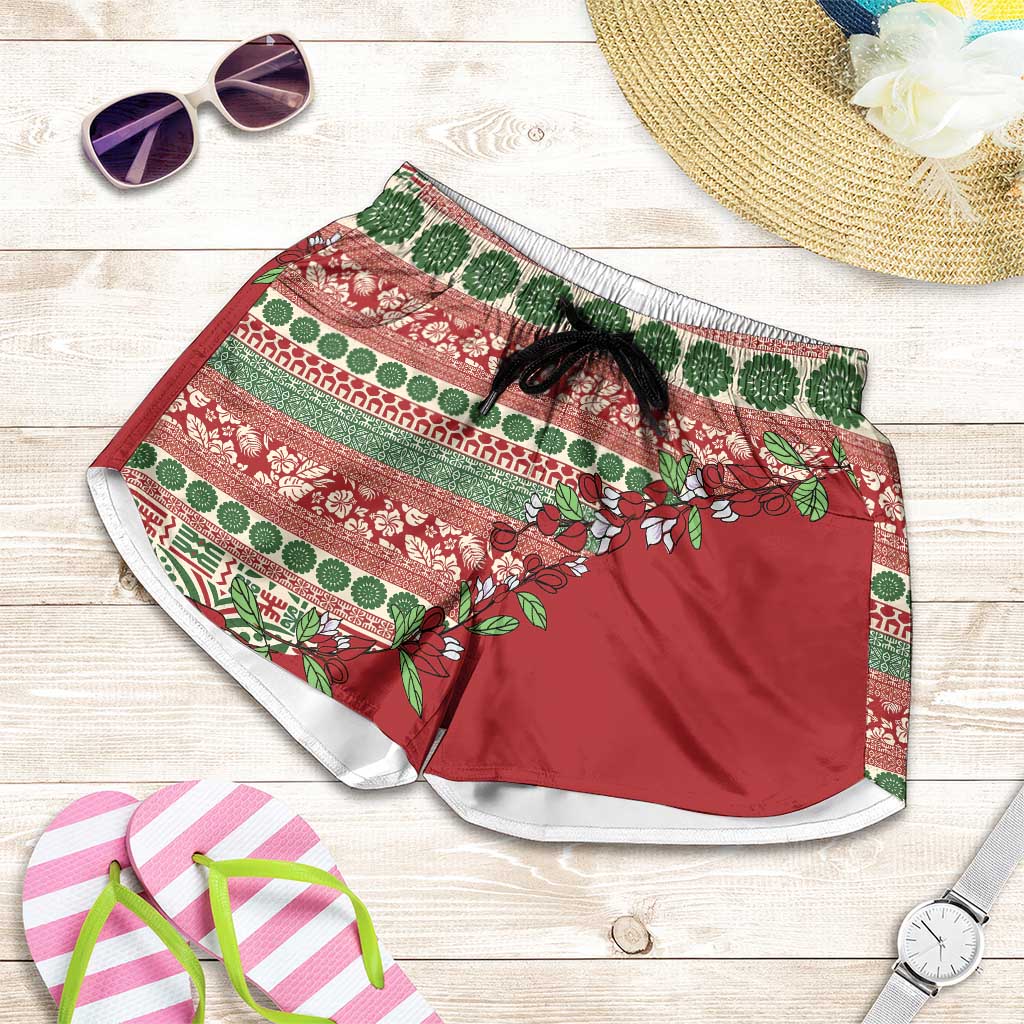 Fiji Marau na Kerisimasi Shorts for Women Red Tagimoucia Tapa Masi Tribal - Polynesian Pride