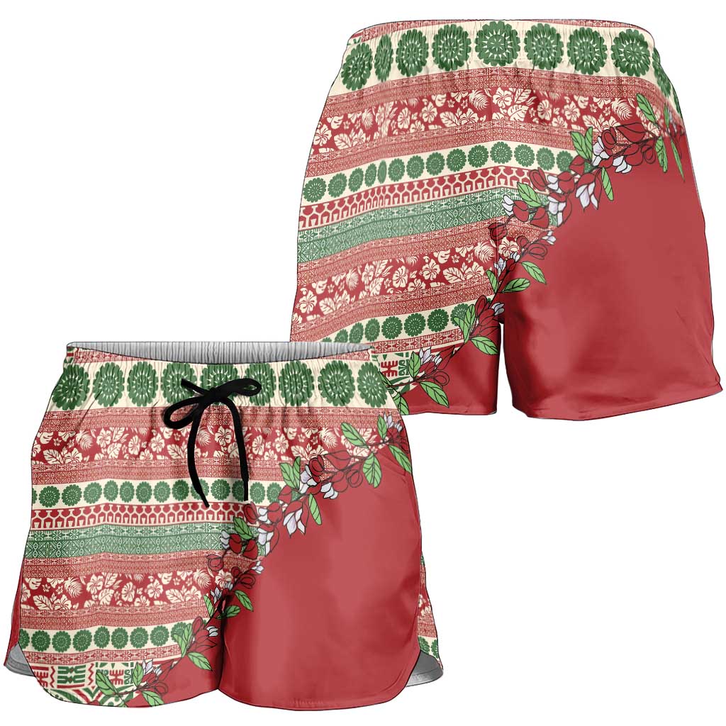 Fiji Marau na Kerisimasi Shorts for Women Red Tagimoucia Tapa Masi Tribal - Polynesian Pride