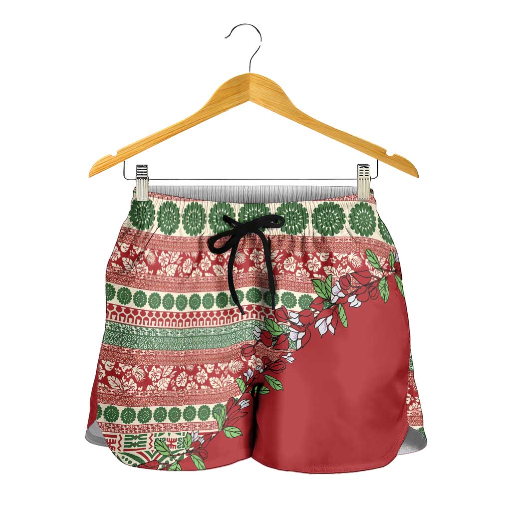Fiji Marau na Kerisimasi Shorts for Women Red Tagimoucia Tapa Masi Tribal - Polynesian Pride