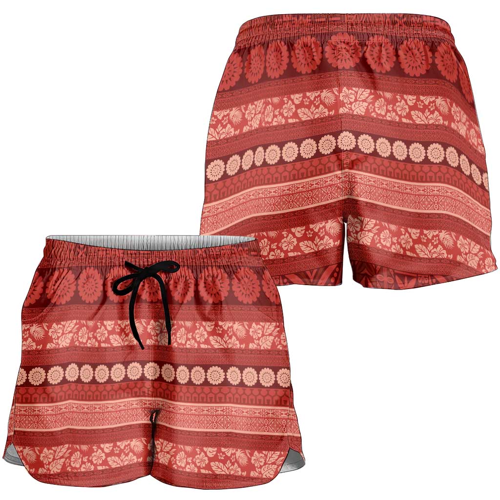 Fiji Marau na Kerisimasi Shorts for Women Red Tapa Masi Inspired Christmas - Polynesian Pride