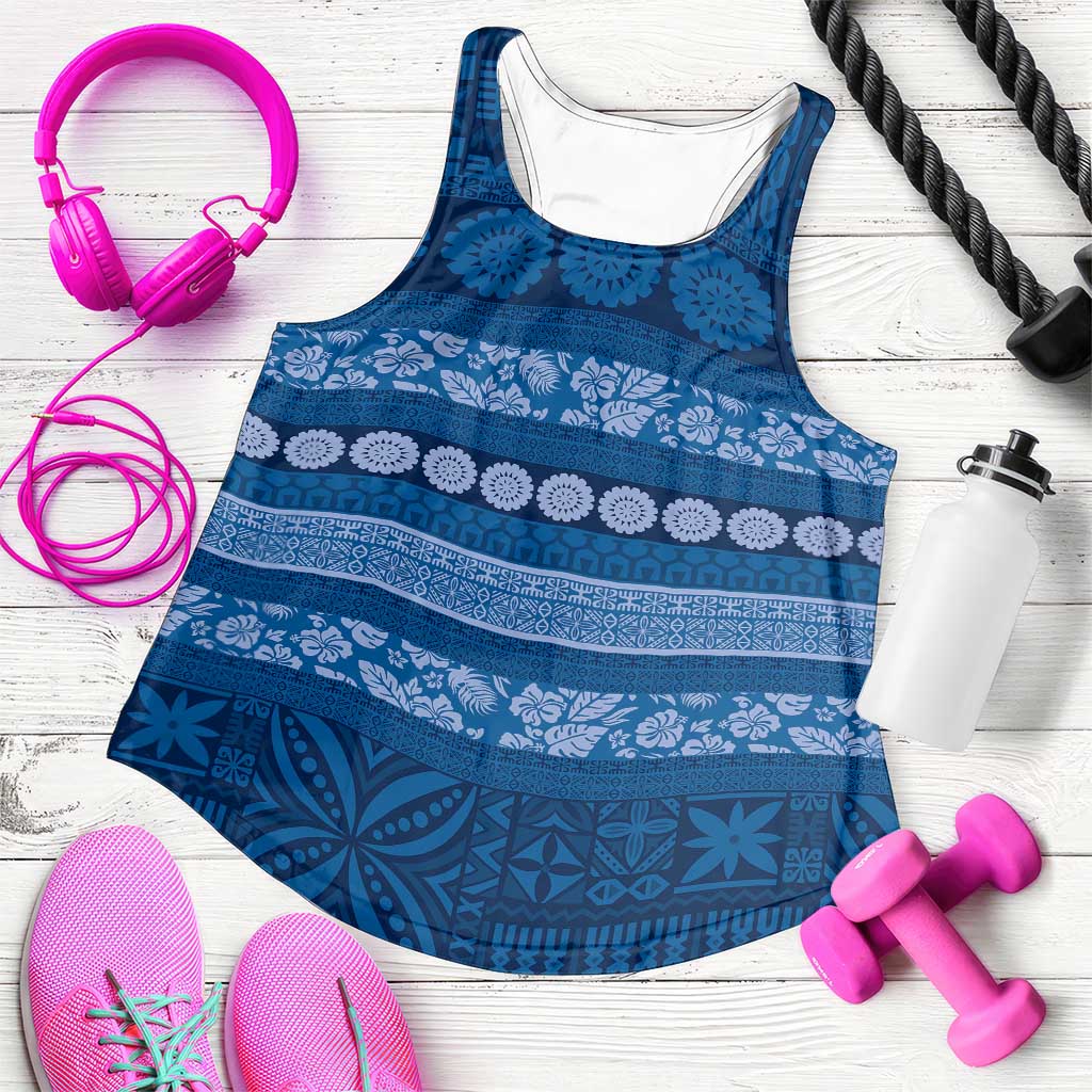 Fiji Marau na Kerisimasi Women Racerback Tank Blue Tapa Masi Inspired Christmas - Polynesian Pride