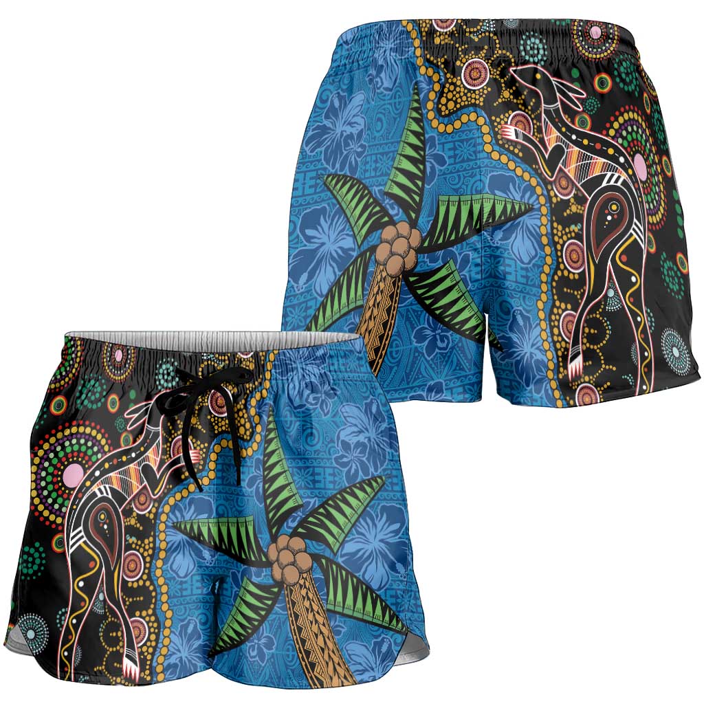 Fijian and Australian Culture Together Shorts for Women Aboriginal Art and Tapa Motifs with Kangaroo and Palm Tree - Polynesian Pride