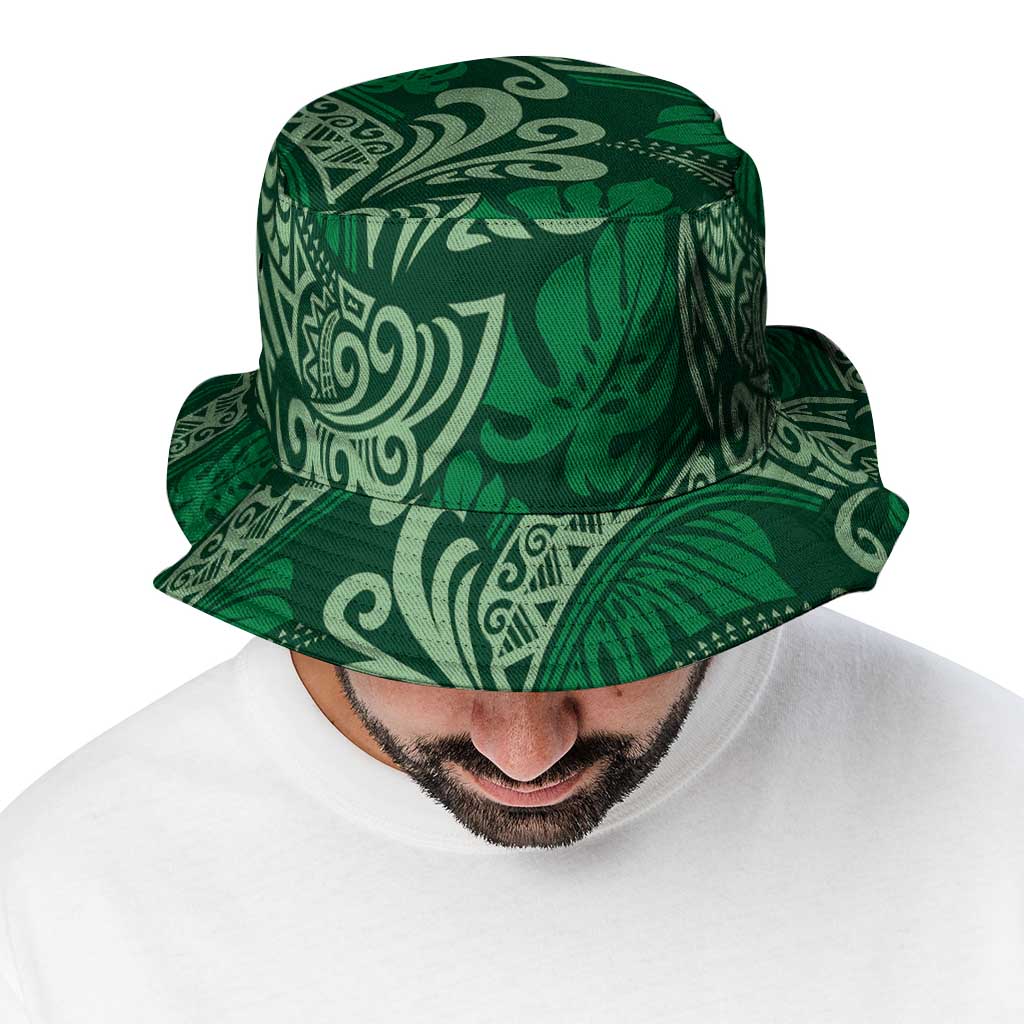 Forest Green Monstera Bucket Hat Polynesian Tribal Pattern - Polynesian Pride