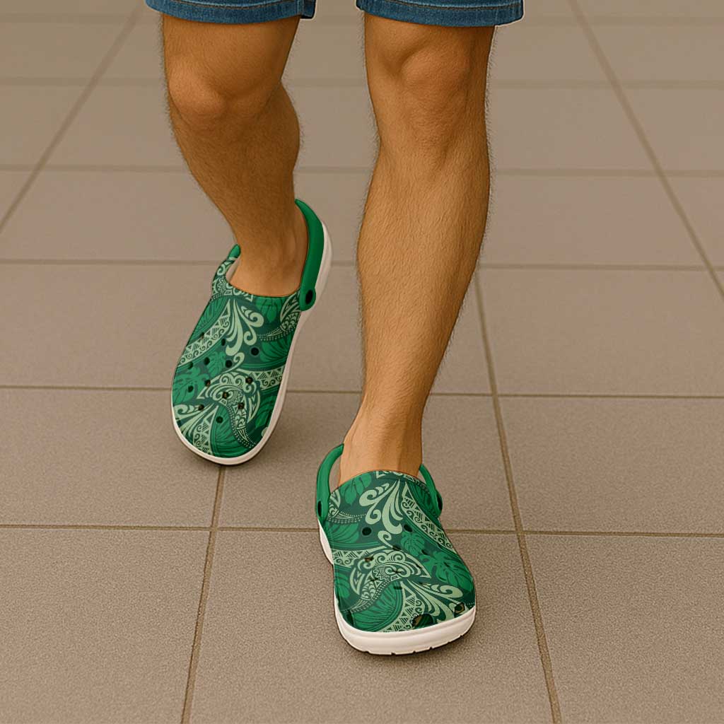 Forest Green Monstera Clogs Shoes Polynesian Tribal Pattern - Polynesian Pride