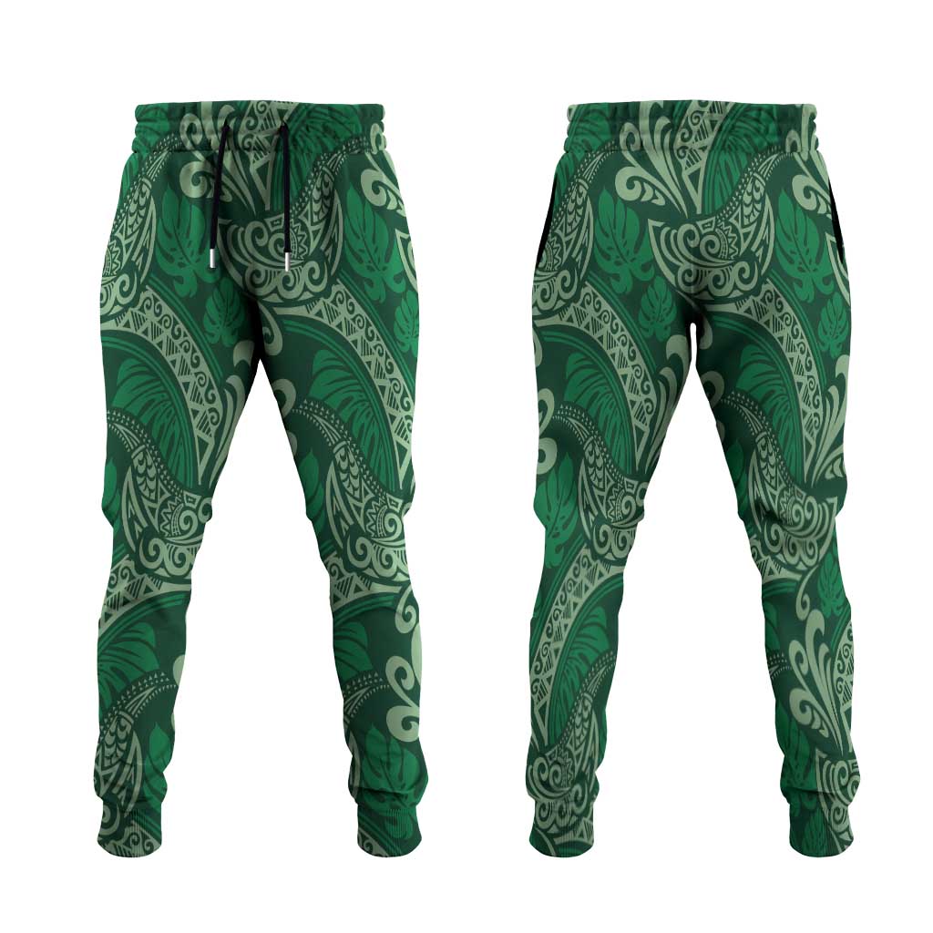 Forest Green Monstera Jogger Pants Polynesian Tribal Pattern - Polynesian Pride