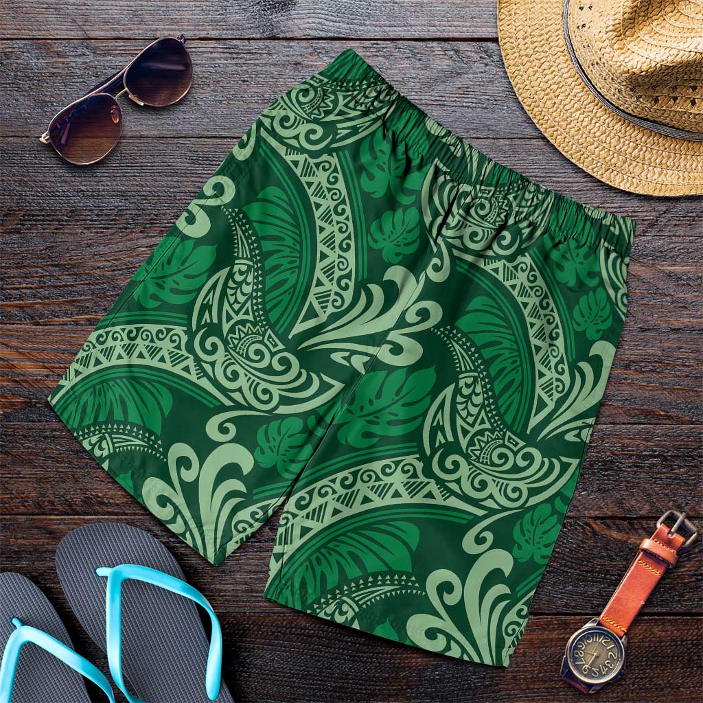 Forest Green Monstera Shorts for Men Polynesian Tribal Pattern - Polynesian Pride