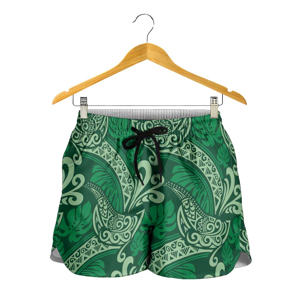 Forest Green Monstera Shorts for Women Polynesian Tribal Pattern - Polynesian Pride