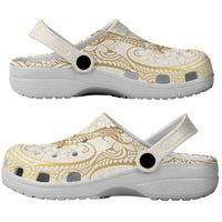 Gold and White Hawaii Clogs Shoes Hammerhead Shark Tattoo Curve Polynesian - Polynesian Pride