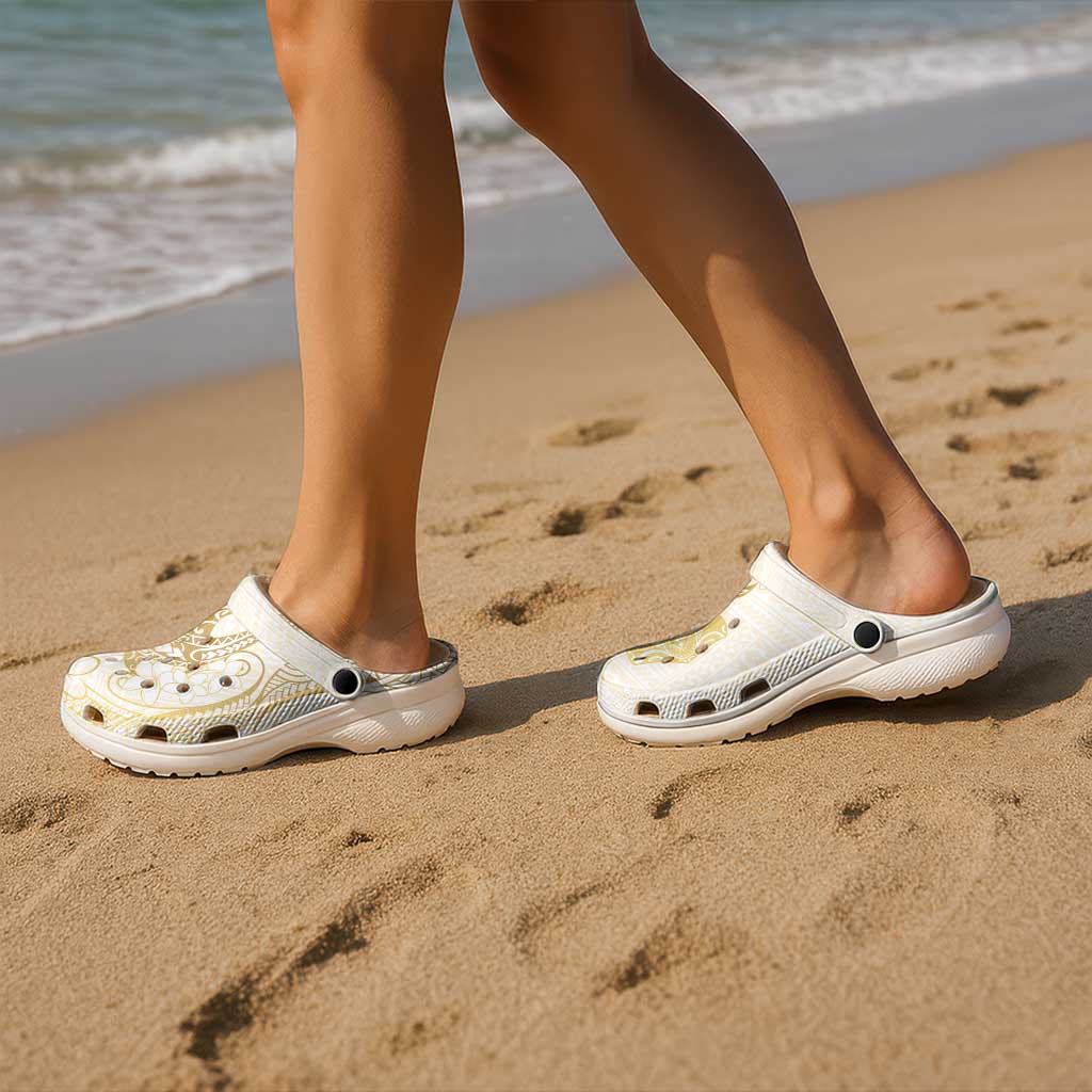 Gold and White Hawaii Clogs Shoes Hammerhead Shark Tattoo Curve Polynesian - Polynesian Pride