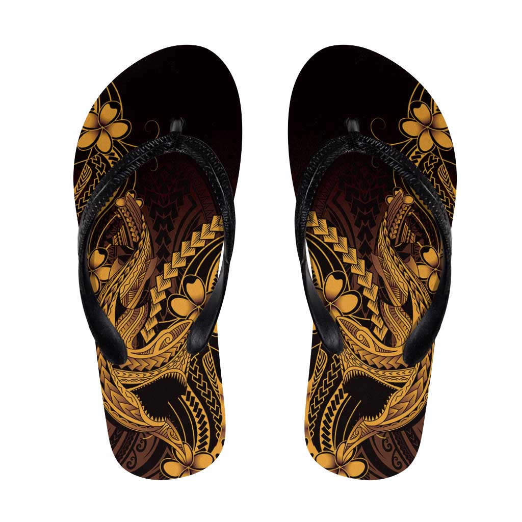 Gold Black Aloha Hawaii Flip Flops Polynesian Shark Tattoo With Plumeria - Polynesian Pride