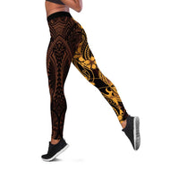 Gold Black Aloha Hawaii Leggings Polynesian Shark Tattoo With Plumeria - Polynesian Pride