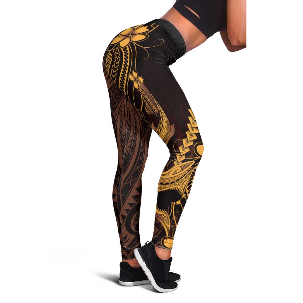 Gold Black Aloha Hawaii Leggings Polynesian Shark Tattoo With Plumeria - Polynesian Pride