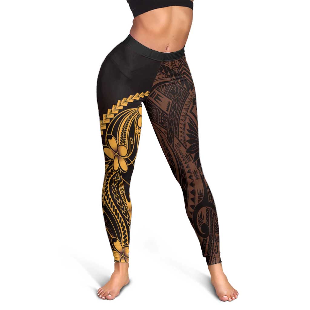 Gold Black Aloha Hawaii Leggings Polynesian Shark Tattoo With Plumeria - Polynesian Pride