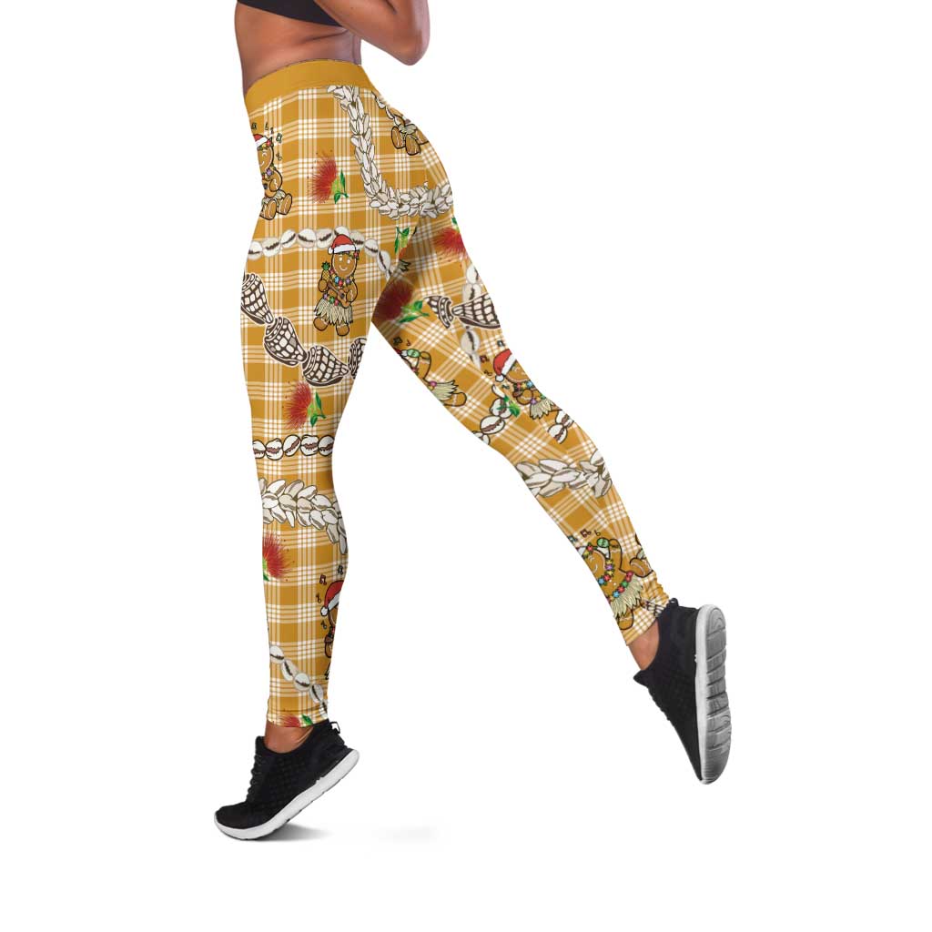 Gold Palaka Hawaii Mele Kalikimaka Leggings Ohia Lehua Shell Leis Funny Gingerbread Santa LT14 Gold - Polynesian Pride