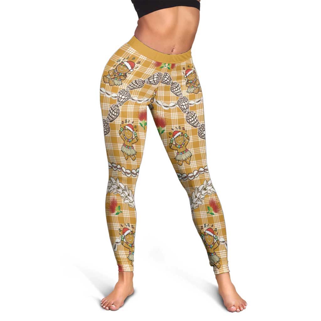 Gold Palaka Hawaii Mele Kalikimaka Leggings Ohia Lehua Shell Leis Funny Gingerbread Santa LT14 - Polynesian Pride