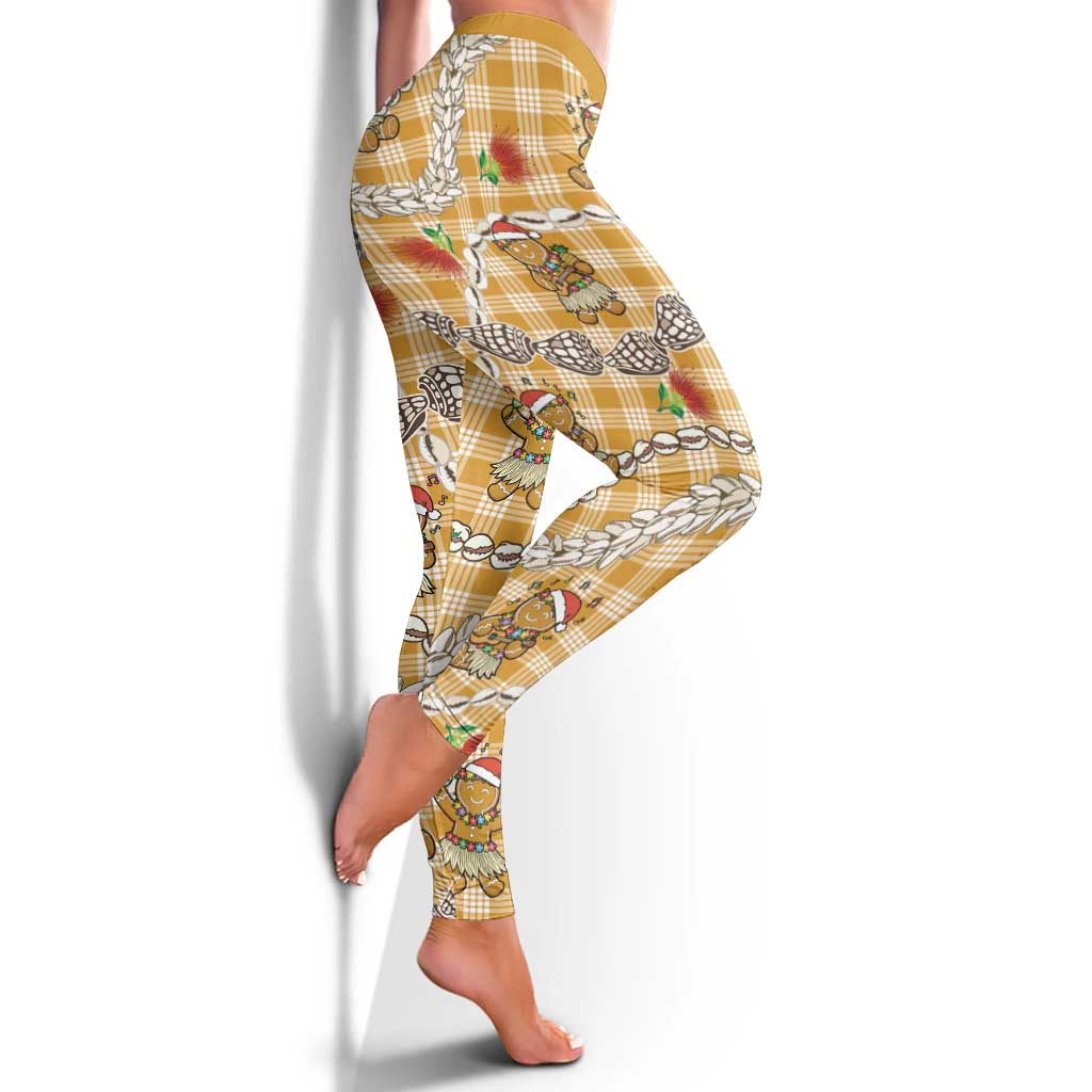 Gold Palaka Hawaii Mele Kalikimaka Leggings Ohia Lehua Shell Leis Funny Gingerbread Santa LT14 - Polynesian Pride