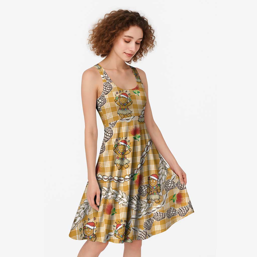 Gold Palaka Hawaii Mele Kalikimaka Midi Dress Ohia Lehua Shell Leis Funny Gingerbread Santa - Polynesian Pride