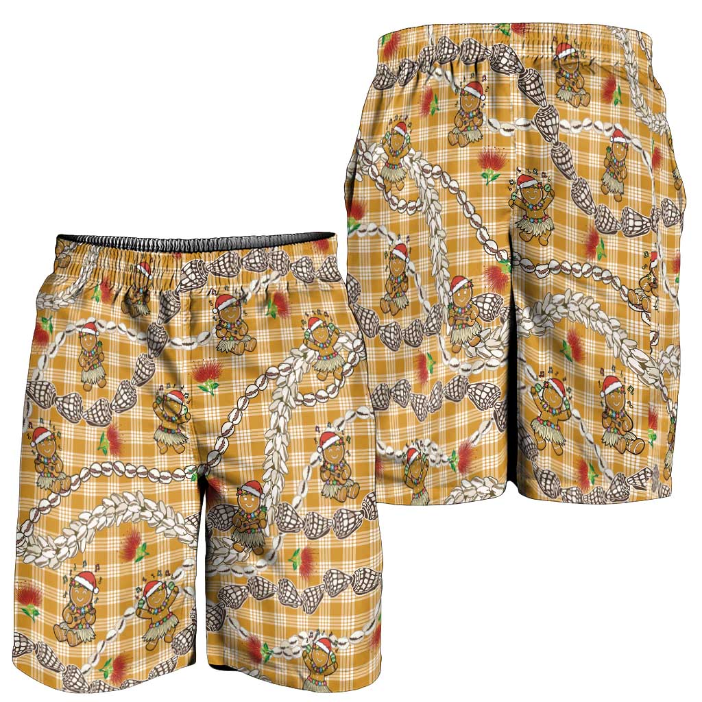 Gold Palaka Hawaii Mele Kalikimaka Shorts for Men Ohia Lehua Shell Leis Funny Gingerbread Santa LT14 - Polynesian Pride