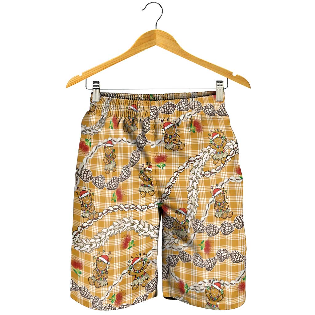 Gold Palaka Hawaii Mele Kalikimaka Shorts for Men Ohia Lehua Shell Leis Funny Gingerbread Santa LT14 - Polynesian Pride