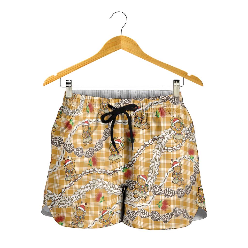 Gold Palaka Hawaii Mele Kalikimaka Shorts for Women Ohia Lehua Shell Leis Funny Gingerbread Santa LT14 - Polynesian Pride