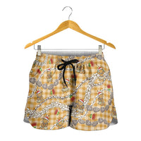 Gold Palaka Hawaii Mele Kalikimaka Shorts for Women Ohia Lehua Shell Leis Funny Gingerbread Santa LT14 - Polynesian Pride