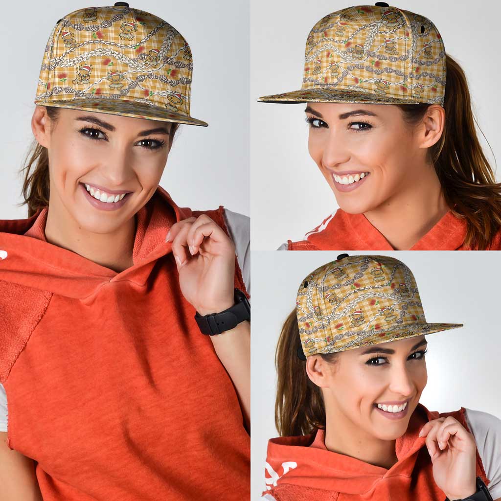 Gold Palaka Hawaii Mele Kalikimaka Snapback Cap Ohia Lehua Shell Leis Funny Gingerbread Santa - Polynesian Pride