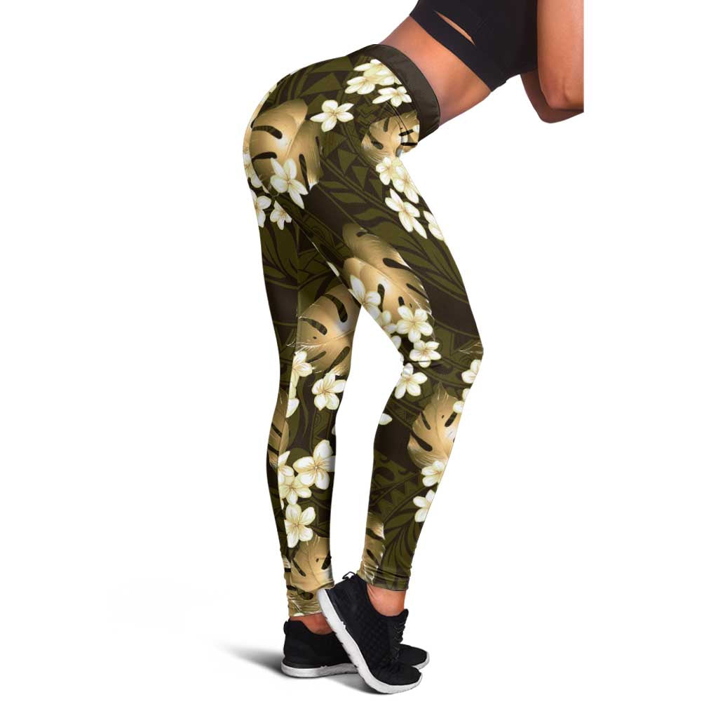 Gold Tropical Hawaii Leggings Seamless Monstera Plumeria Hawaiian Pattern - Polynesian Pride