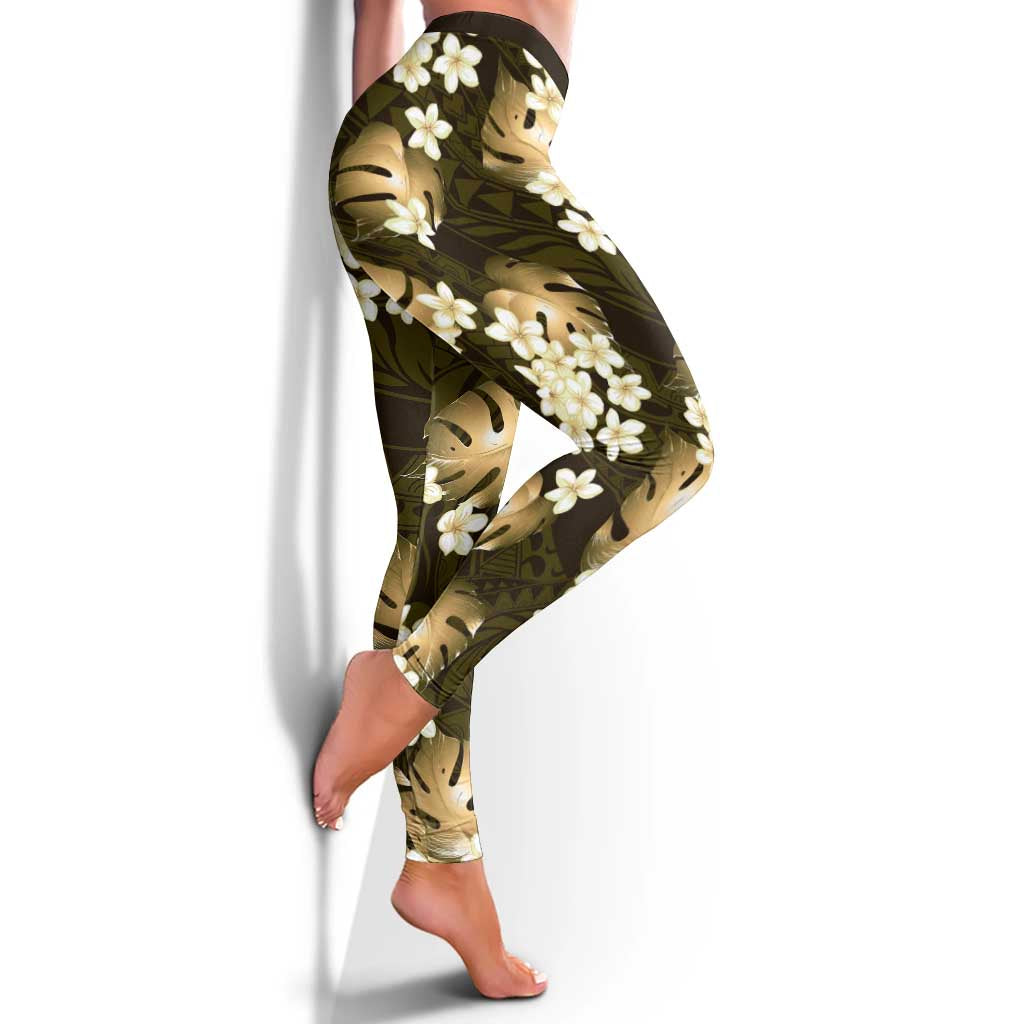 Gold Tropical Hawaii Leggings Seamless Monstera Plumeria Hawaiian Pattern - Polynesian Pride