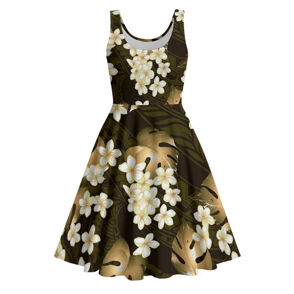 Gold Tropical Hawaii Midi Dress Seamless Monstera Plumeria Hawaiian Pattern - Polynesian Pride