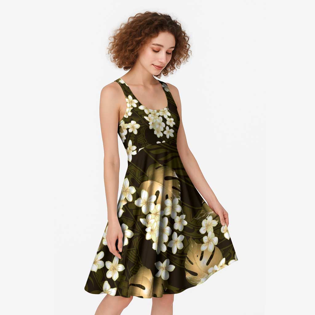 Gold Tropical Hawaii Midi Dress Seamless Monstera Plumeria Hawaiian Pattern - Polynesian Pride