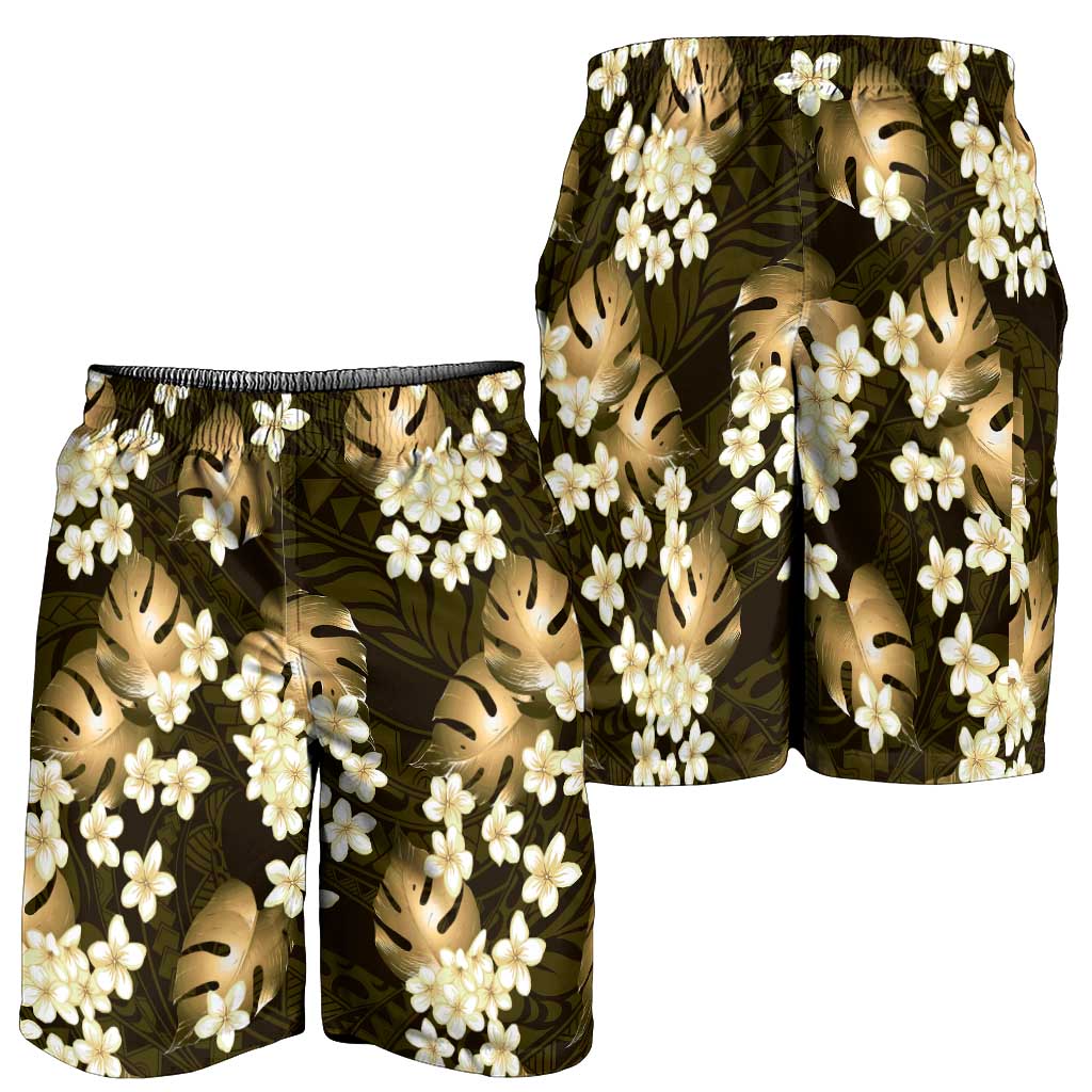 Gold Tropical Hawaii Shorts for Men Seamless Monstera Plumeria Hawaiian Pattern - Polynesian Pride