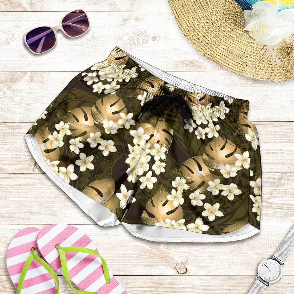 Gold Tropical Hawaii Shorts for Women Seamless Monstera Plumeria Hawaiian Pattern - Polynesian Pride
