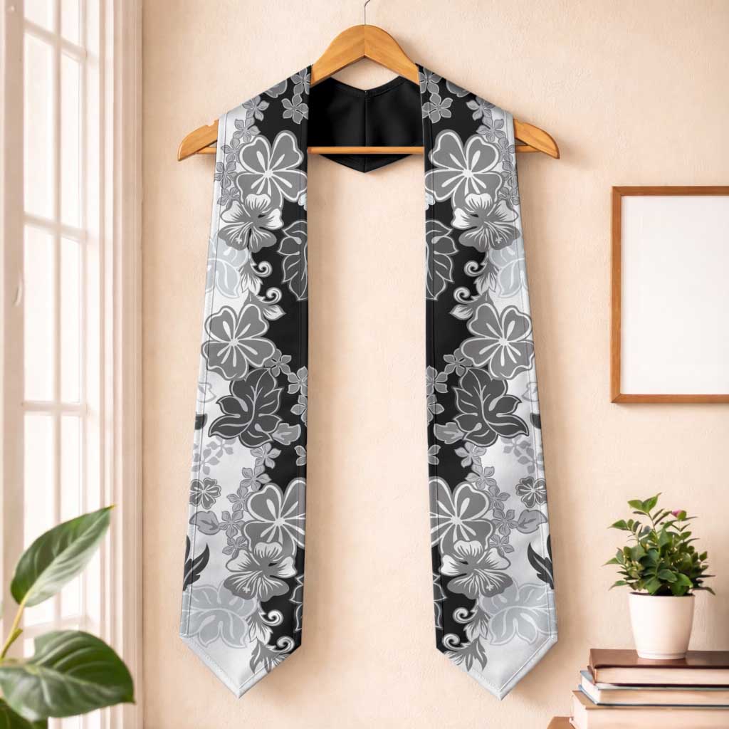 Gray Scale Hibiscus Plumeria Floral Graduation Stole LT01 One Size Black - Polynesian Pride