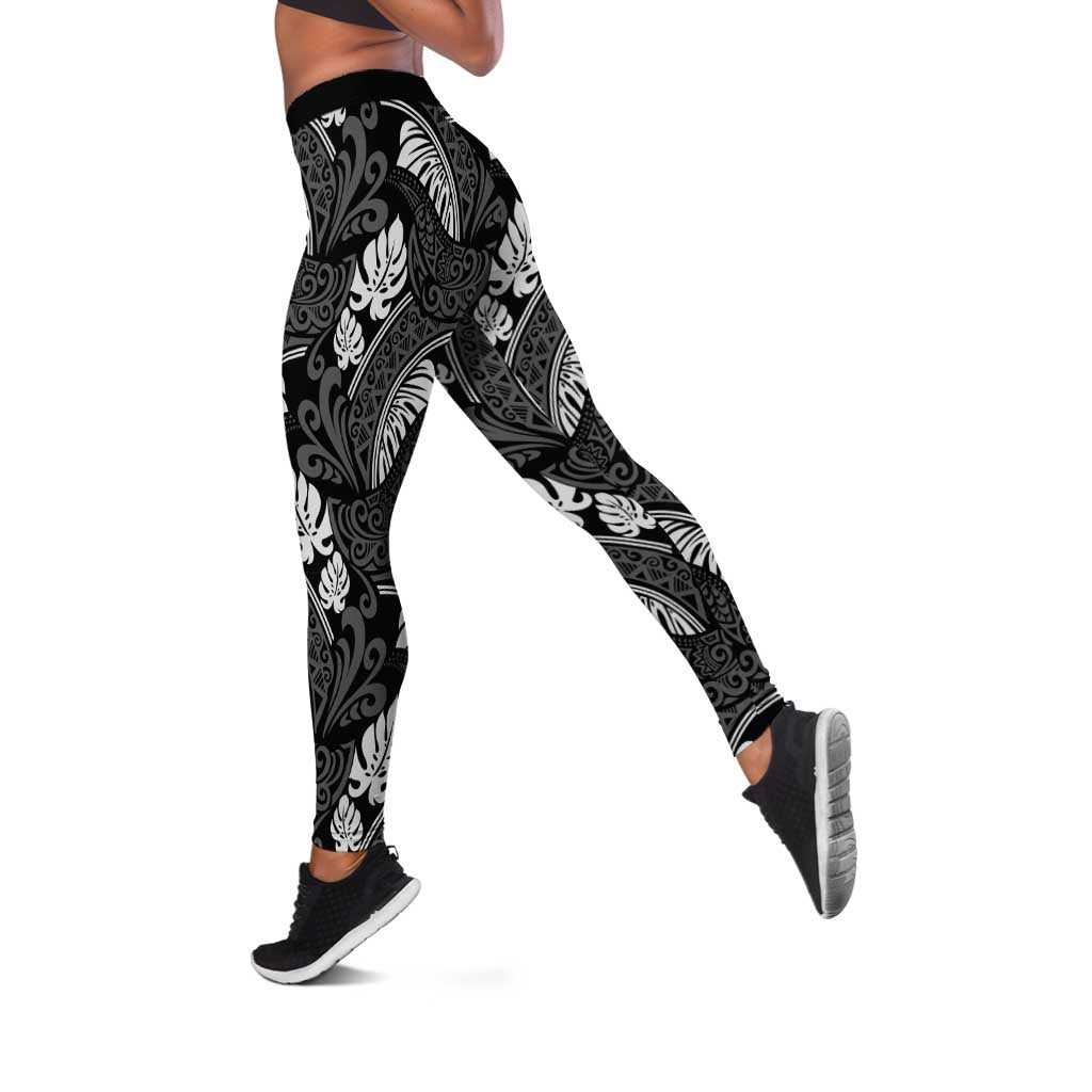 Grayscale Monstera Leggings Polynesian Tribal Pattern - Polynesian Pride