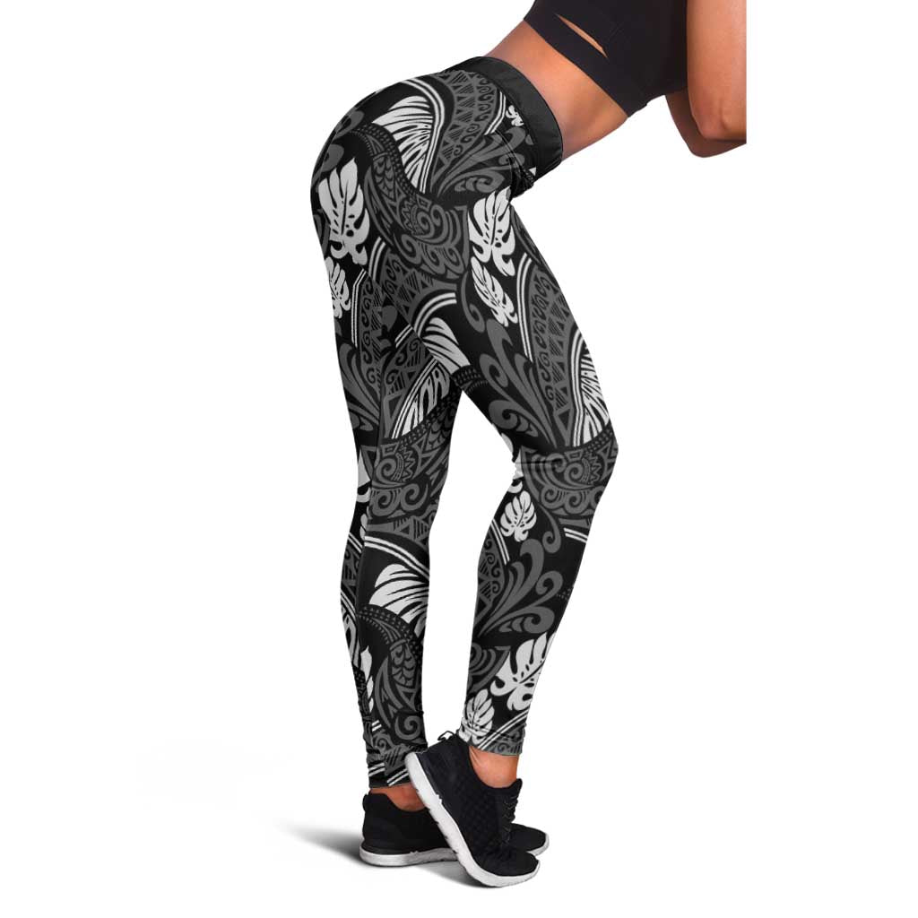 Grayscale Monstera Leggings Polynesian Tribal Pattern - Polynesian Pride
