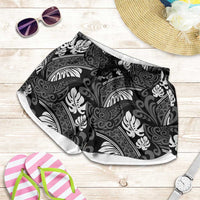 Grayscale Monstera Shorts for Women Polynesian Tribal Pattern - Polynesian Pride