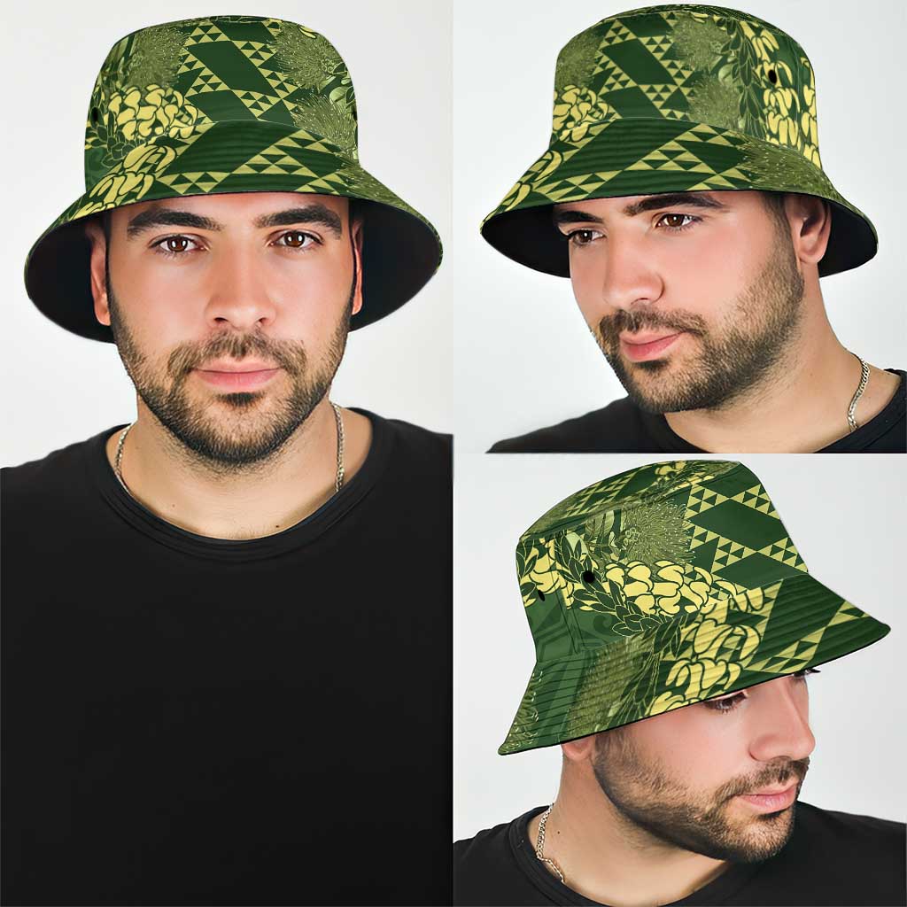 Green Aloha Hawaii Bucket Hat Hawaiian Kakau Ohia Lehua Lei - Polynesian Pride