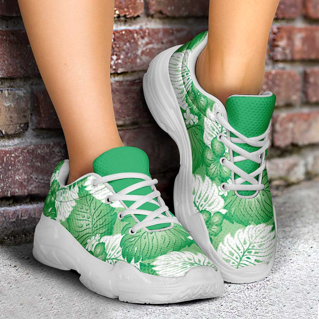 Green Aloha Hawaii Chunky Sneakers Monstera Hibiscus Plumeria Seamless Vibes - Polynesian Pride