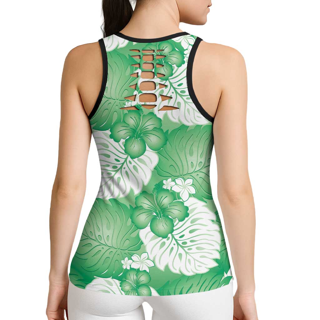 Green Aloha Hawaii Hollow Tank Top Monstera Hibiscus Plumeria Seamless Vibes - Polynesian Pride