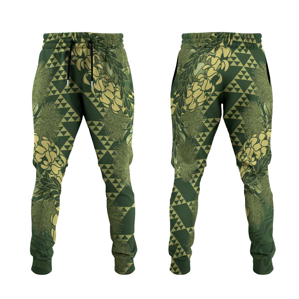 Green Aloha Hawaii Jogger Pants Hawaiian Kakau Ohia Lehua Lei - Polynesian Pride