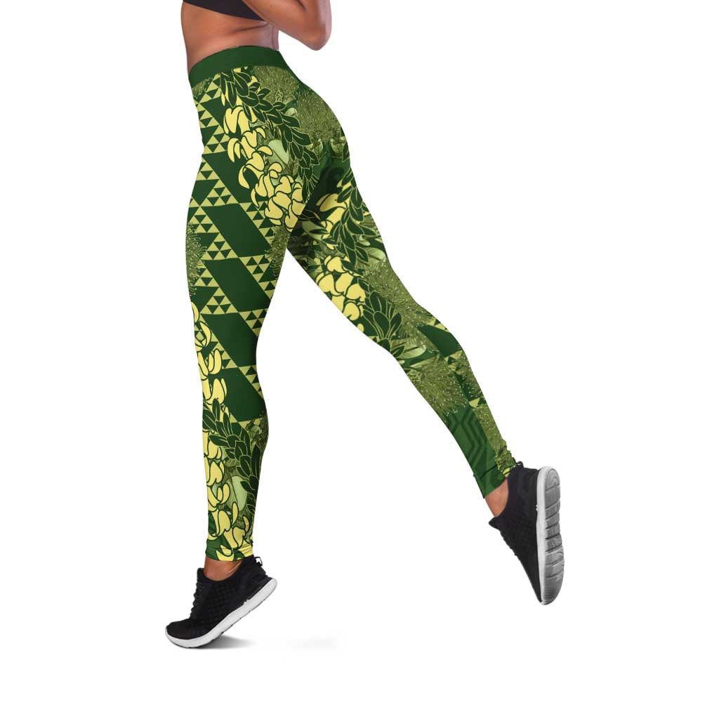 Green Aloha Hawaii Leggings Hawaiian Kakau Ohia Lehua Lei - Polynesian Pride