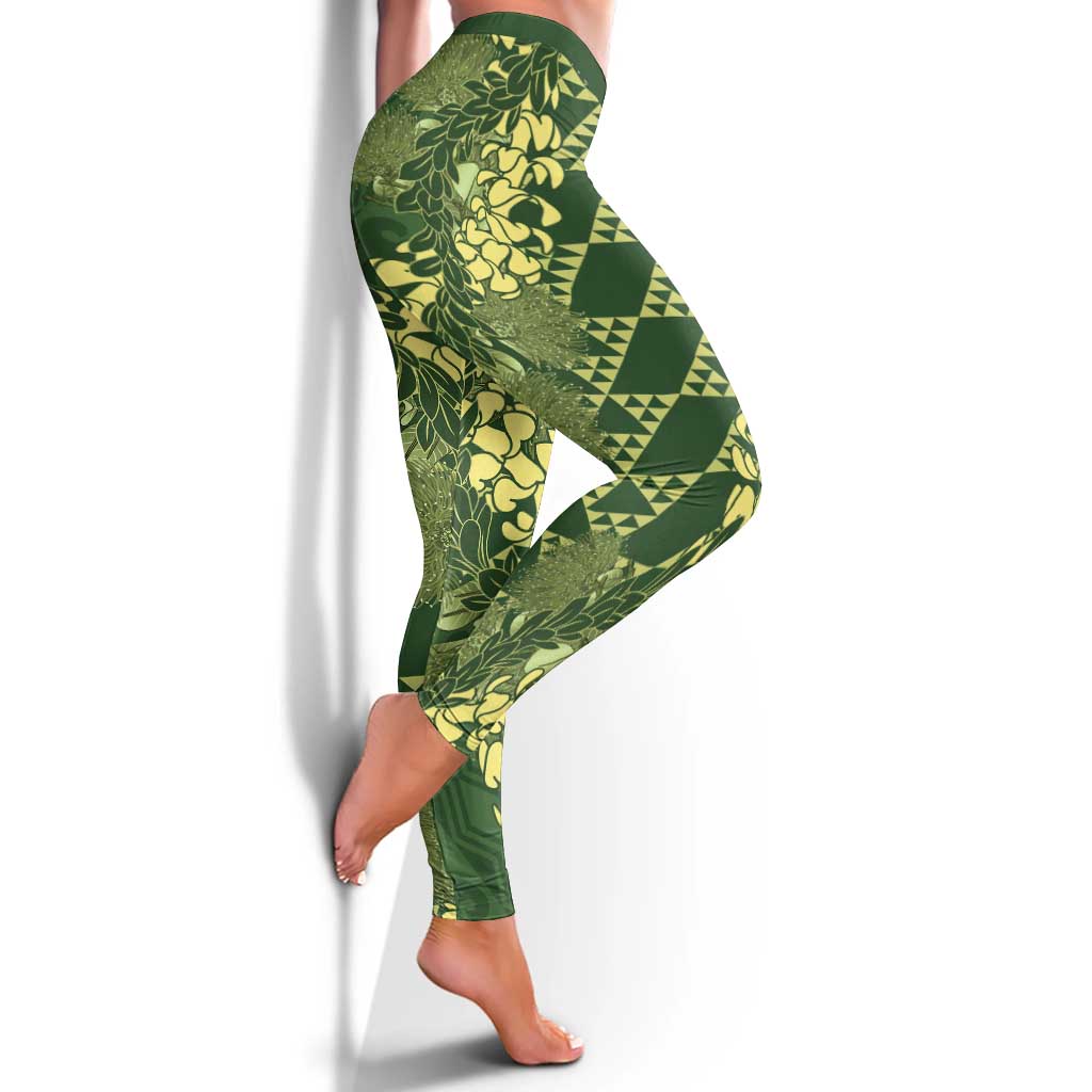 Green Aloha Hawaii Leggings Hawaiian Kakau Ohia Lehua Lei - Polynesian Pride