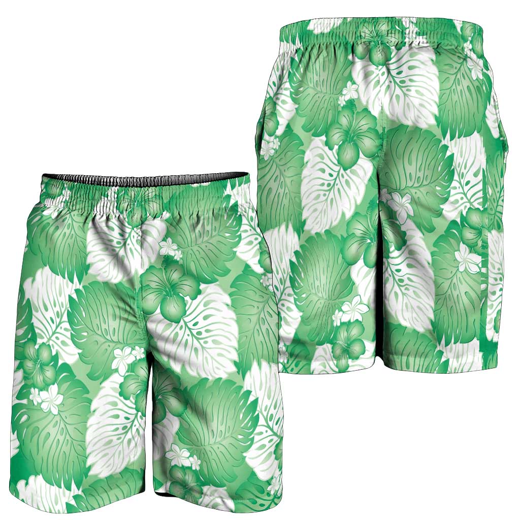 Green Aloha Hawaii Shorts for Men Monstera Hibiscus Plumeria Seamless Vibes - Polynesian Pride