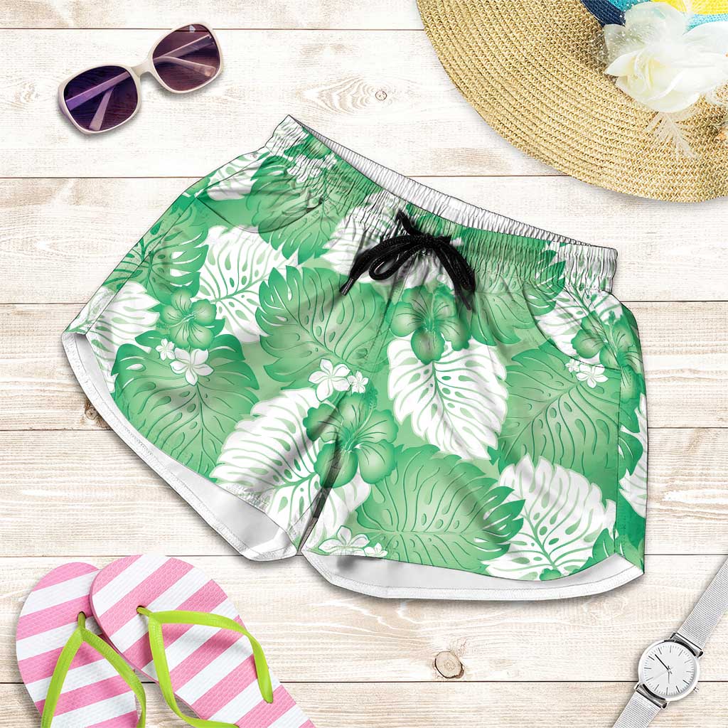 Green Aloha Hawaii Shorts for Women Monstera Hibiscus Plumeria Seamless Vibes - Polynesian Pride