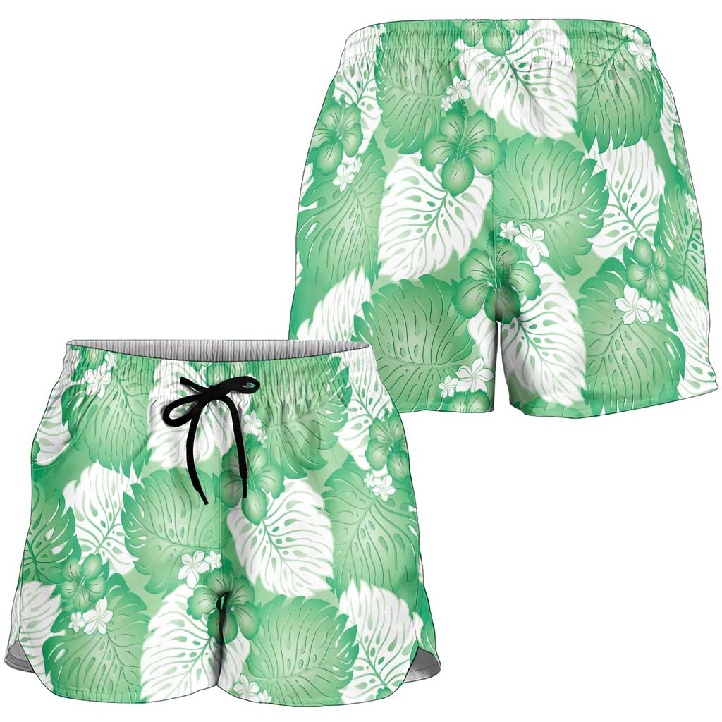 Green Aloha Hawaii Shorts for Women Monstera Hibiscus Plumeria Seamless Vibes - Polynesian Pride